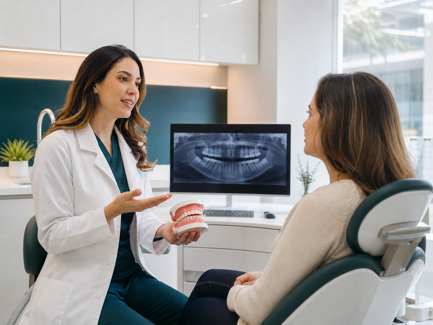Dentista conversando com paciente durante avaliação