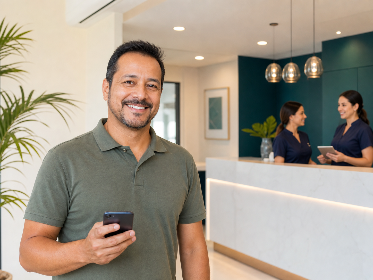 Paciente em recepção de clínica odontológica usando celular