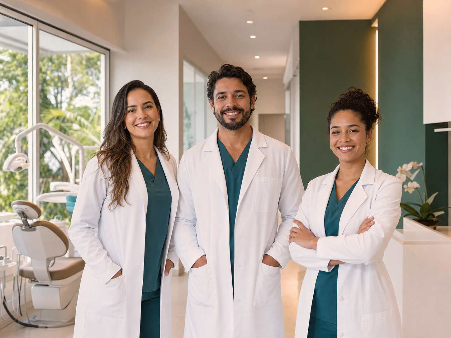 Equipe odontológica em ambiente clínico moderno