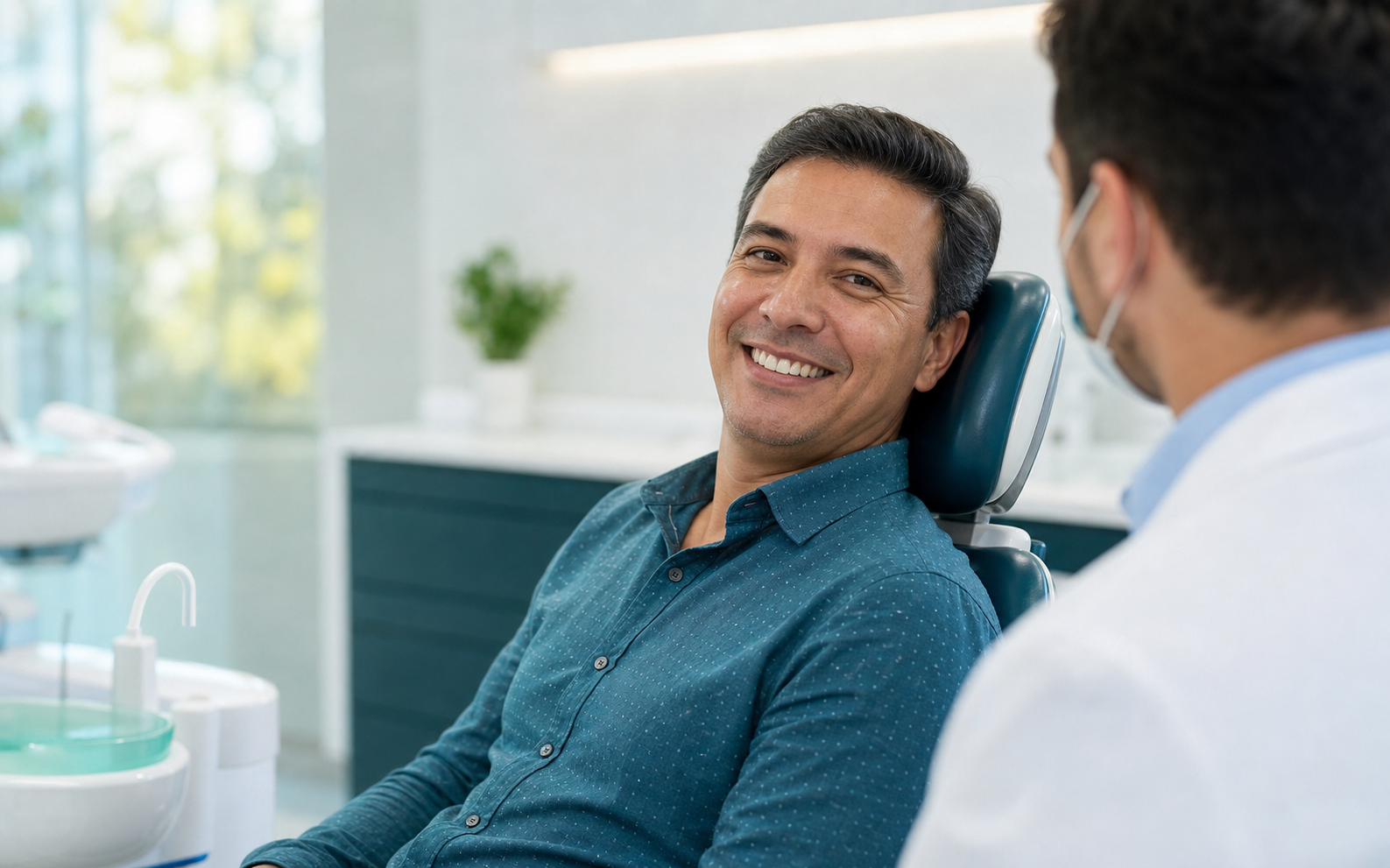 Paciente sorrindo em cadeira odontológica com profissional ao lado