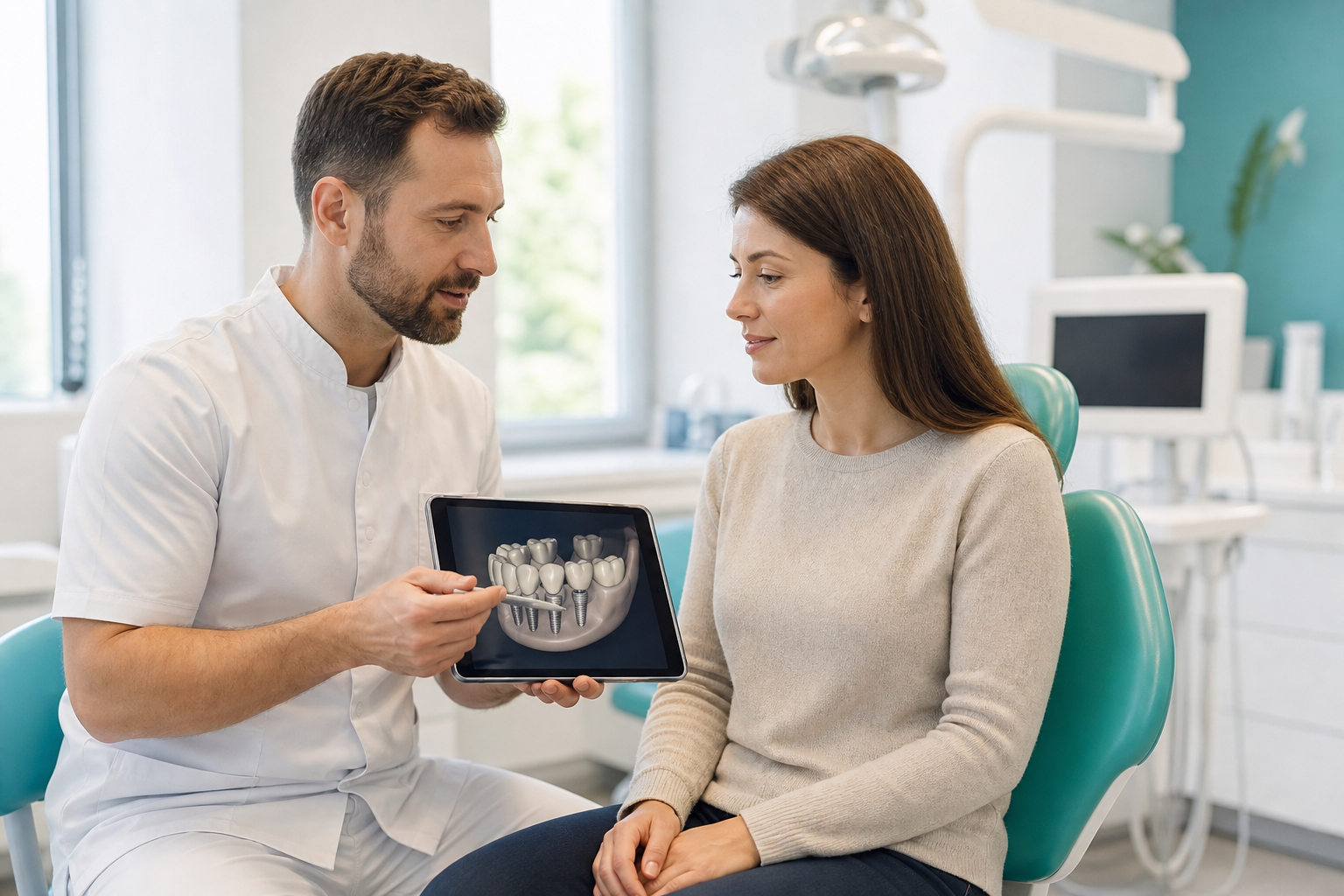 Dentista explicando planejamento de implantes para paciente em clínica odontológica