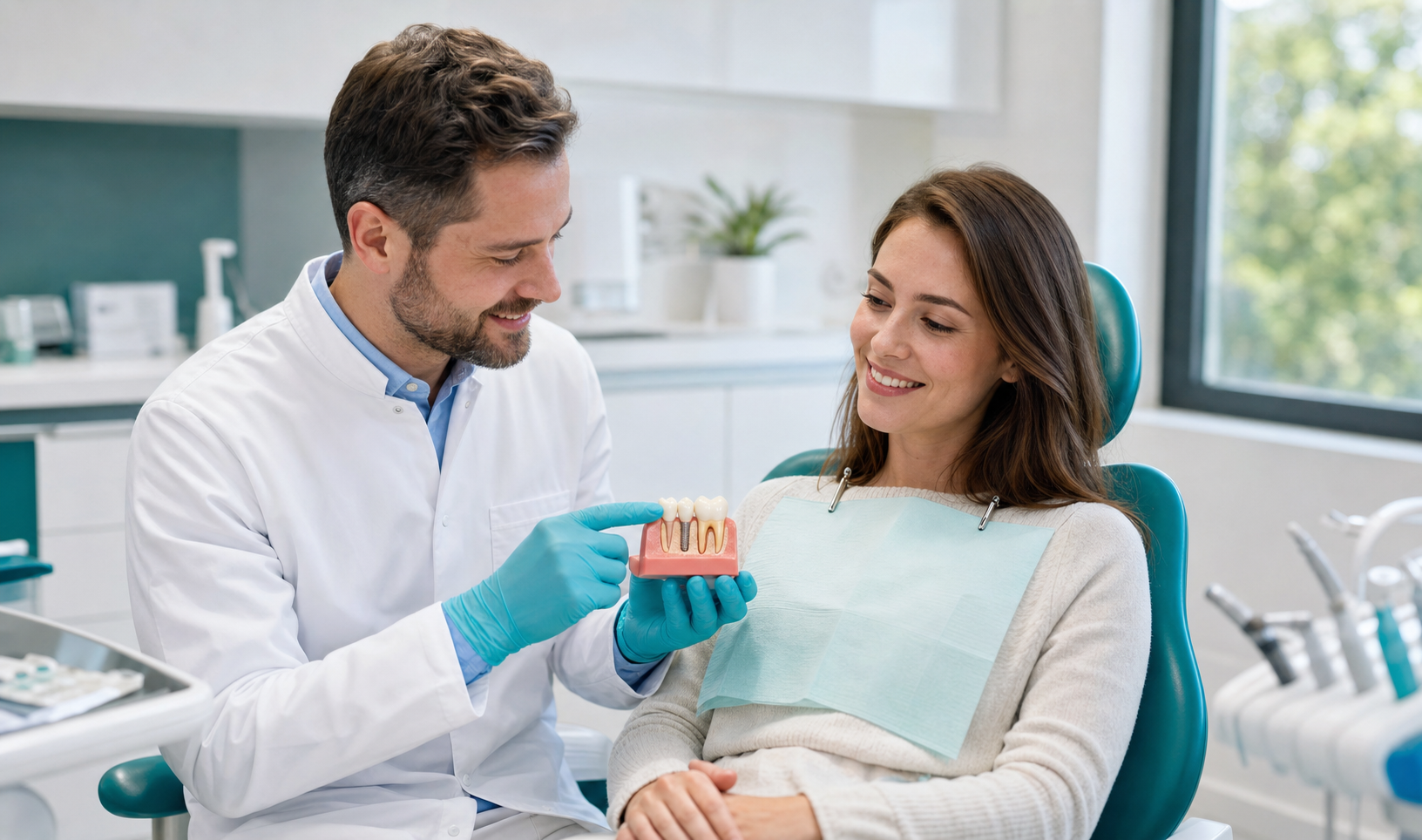 Dentista avaliando sorriso e modelo dental para planejamento de prótese fixa