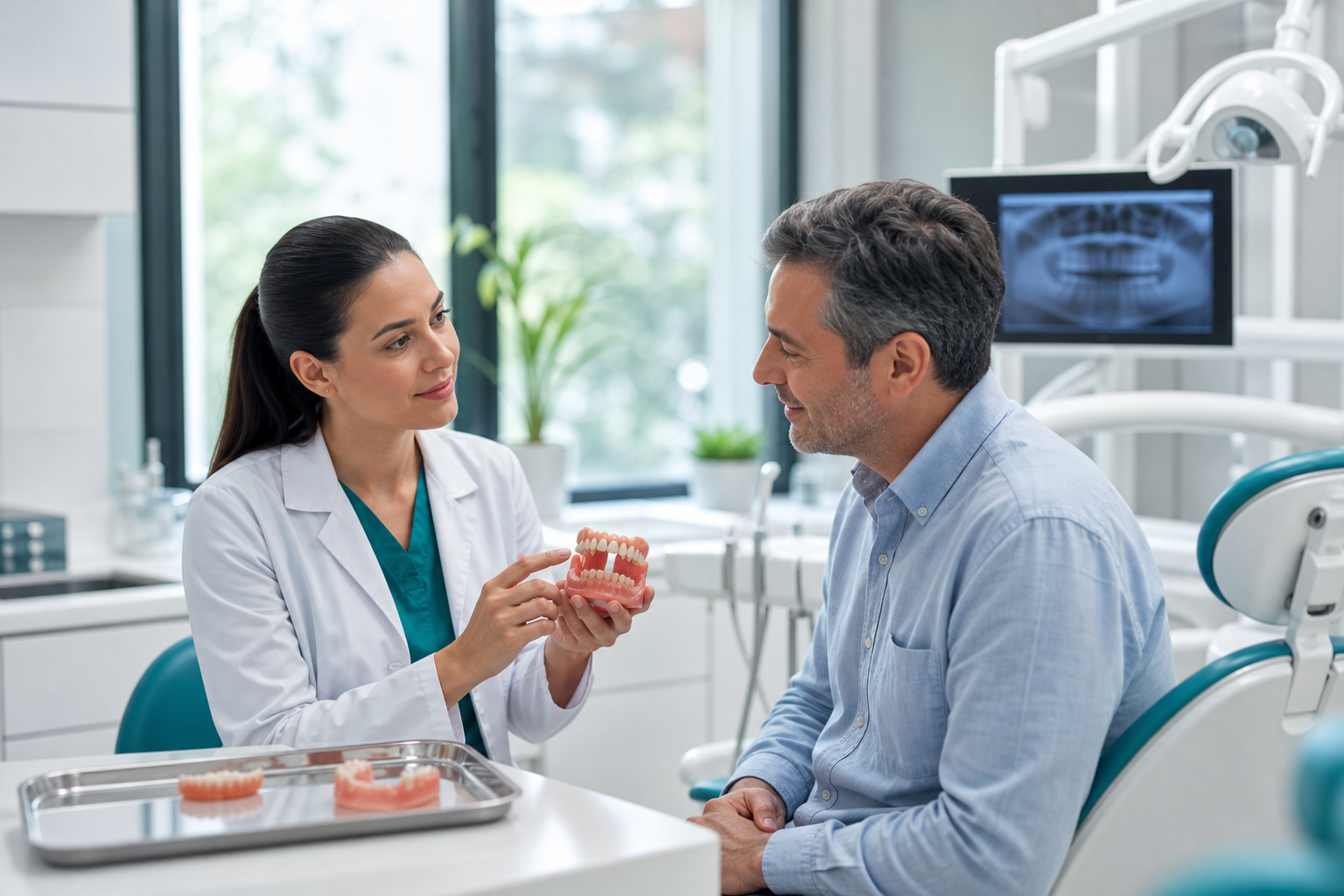 Dentista orientando paciente com modelo de prótese removível em consulta